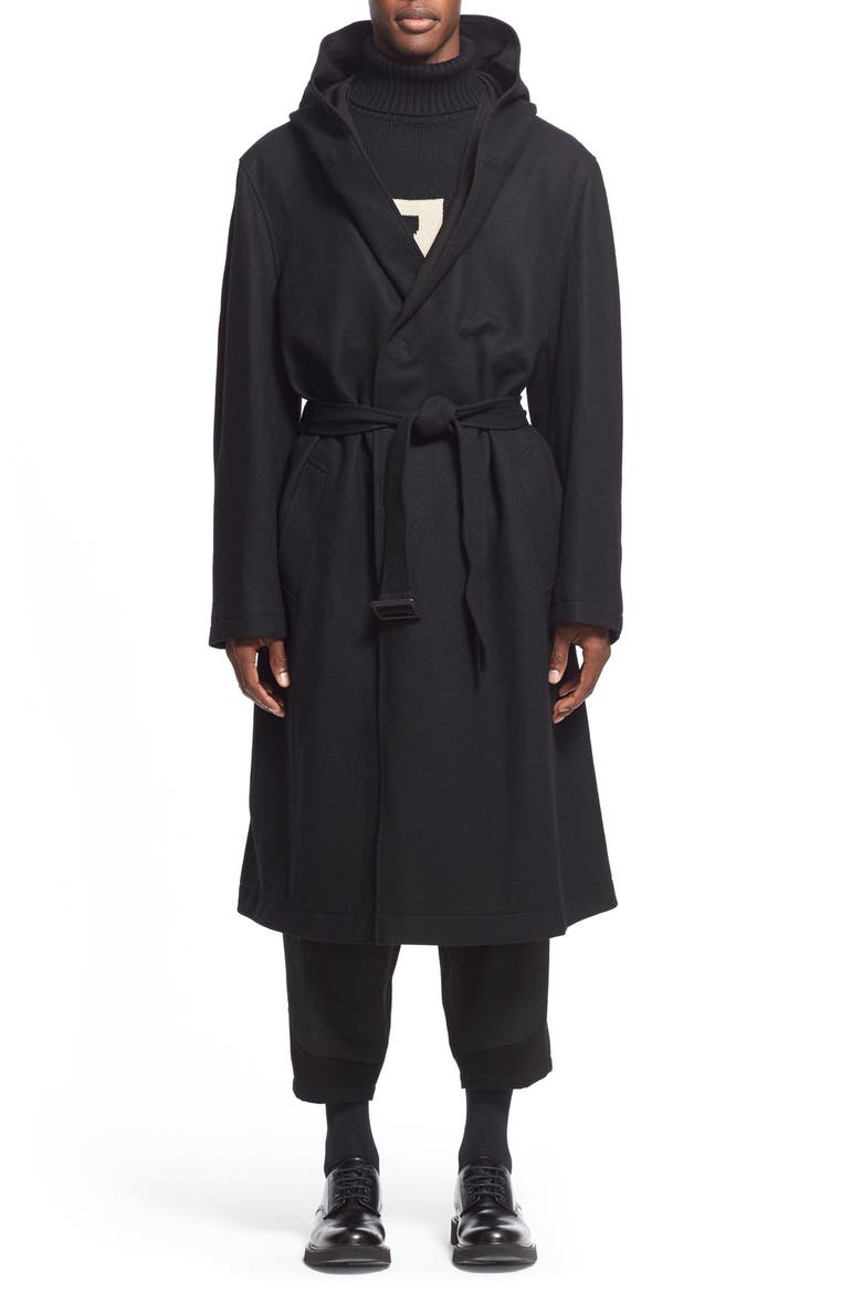 Yohji Yamamoto Asymmetrical Hooded Wool Coat, Alternate, color, BLACK