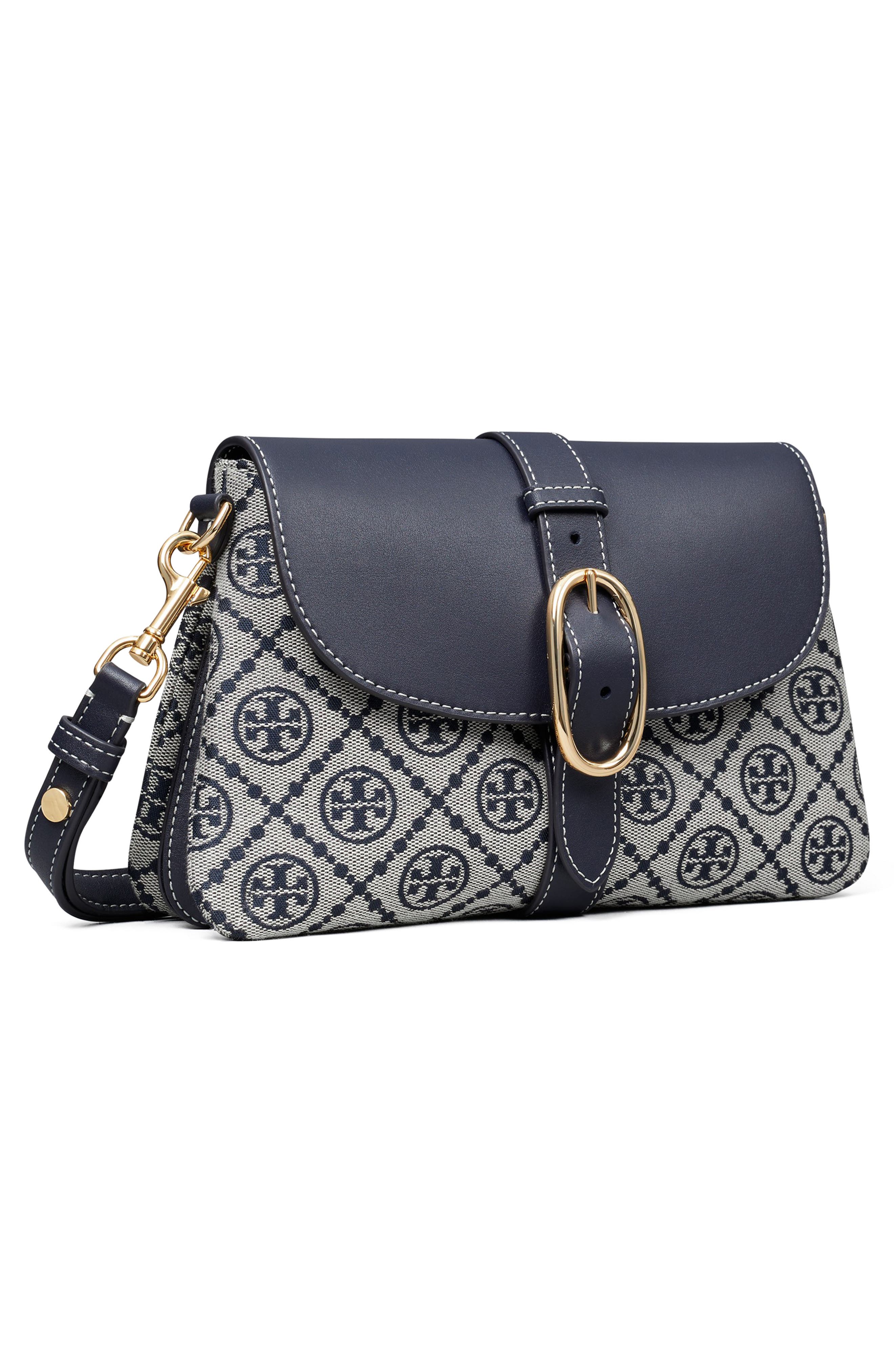 Tory Burch T Monogram Soft Jacquard & Leather Shoulder Bag, Alternate, color, Tory Navy