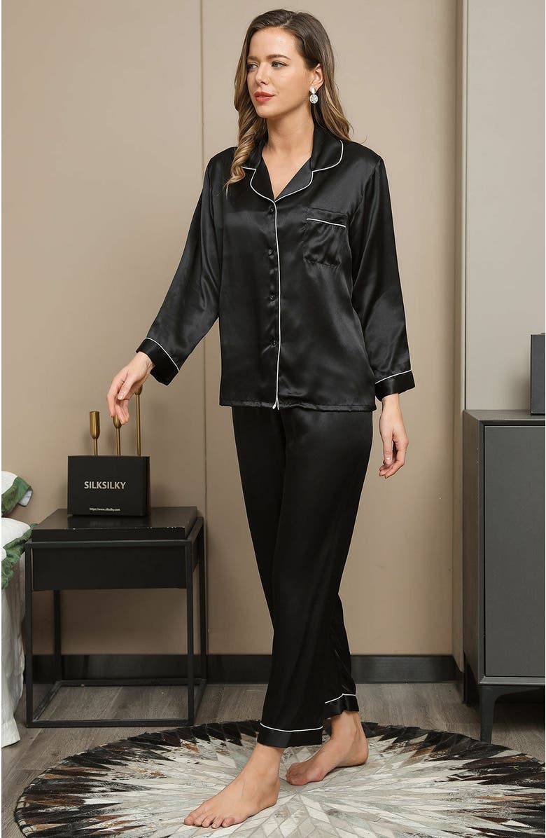 SILKSILKY Binding Trim Long Sleeve Pure Silk Pajamas Set, Alternate, color,