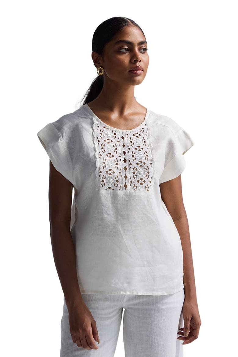 Boxy Top with Embroidered Lace Detail, Alternate, color, Shell Off-white