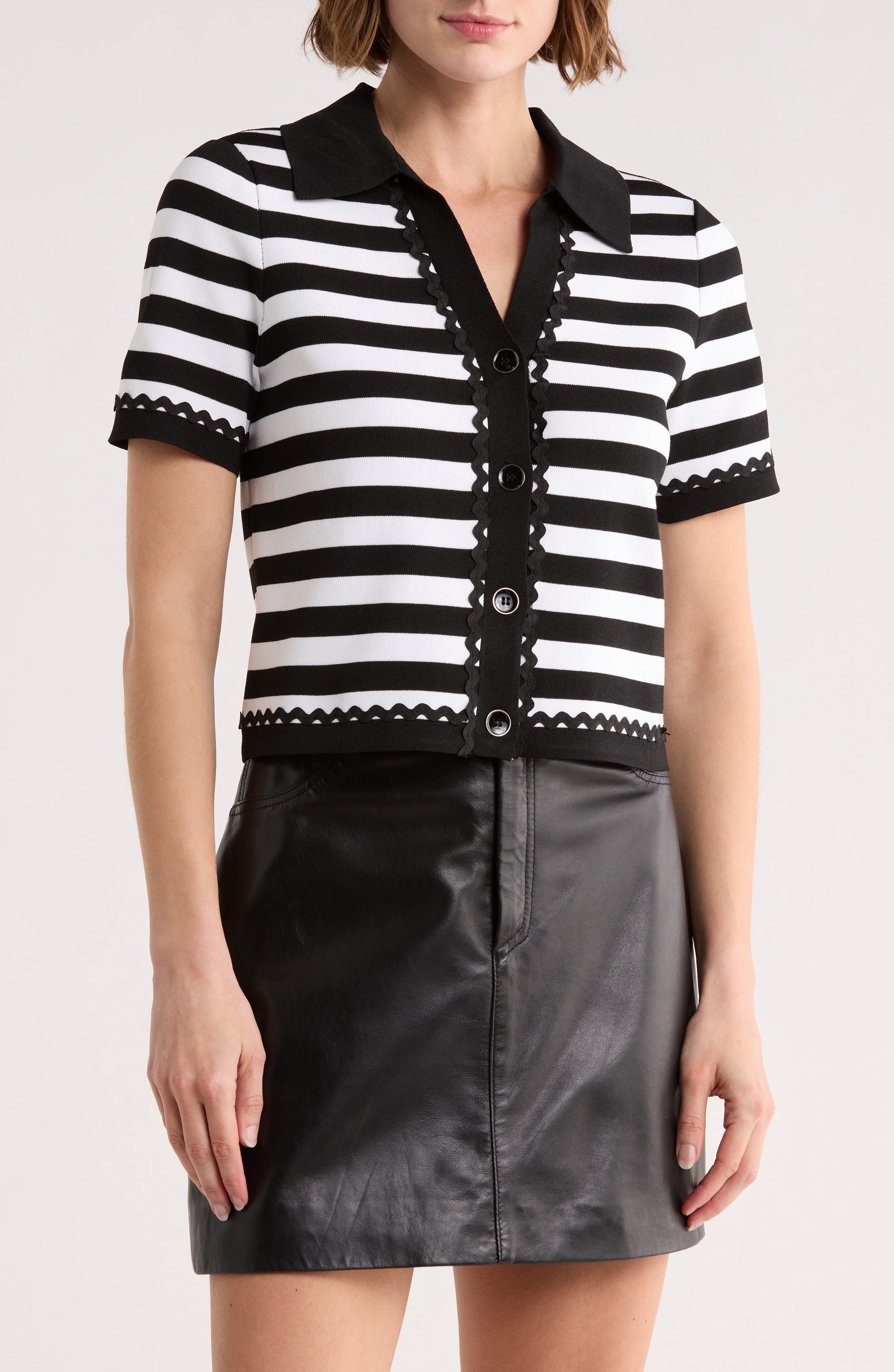 Ellen Tracy Stripe Lace Trim Short Sleeve Cardigan