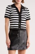 Ellen Tracy Stripe Lace Trim Short Sleeve Cardigan