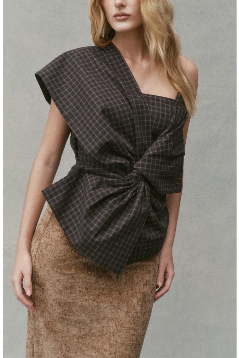 Gia Plaid One-Shoulder Bow Top, Alternate, color, BLACK MULTI