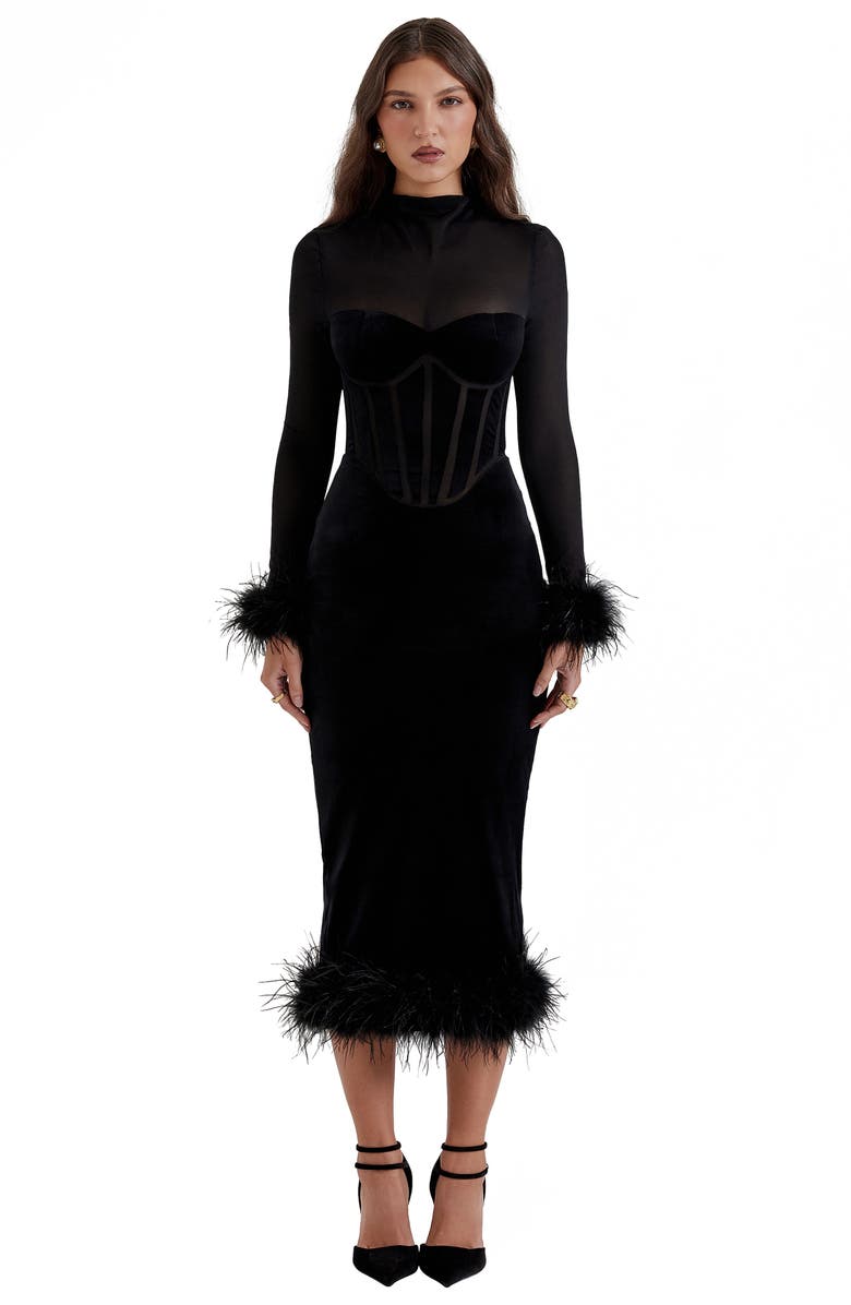 HOUSE OF CB Lianna Feather Trim Long Sleeve Corset Midi Dress, Alternate, color, Black