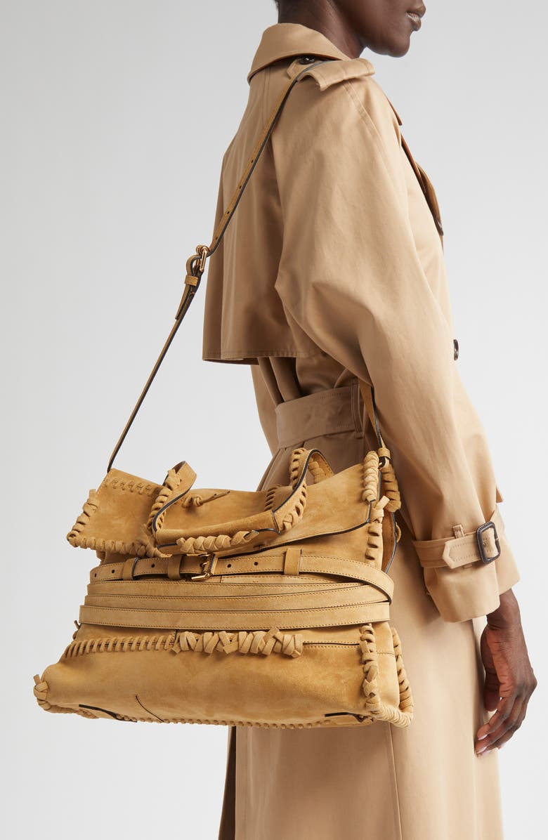 Moschino Large Tie Me Whipstitch Suede Shoulder Bag, Alternate, color,