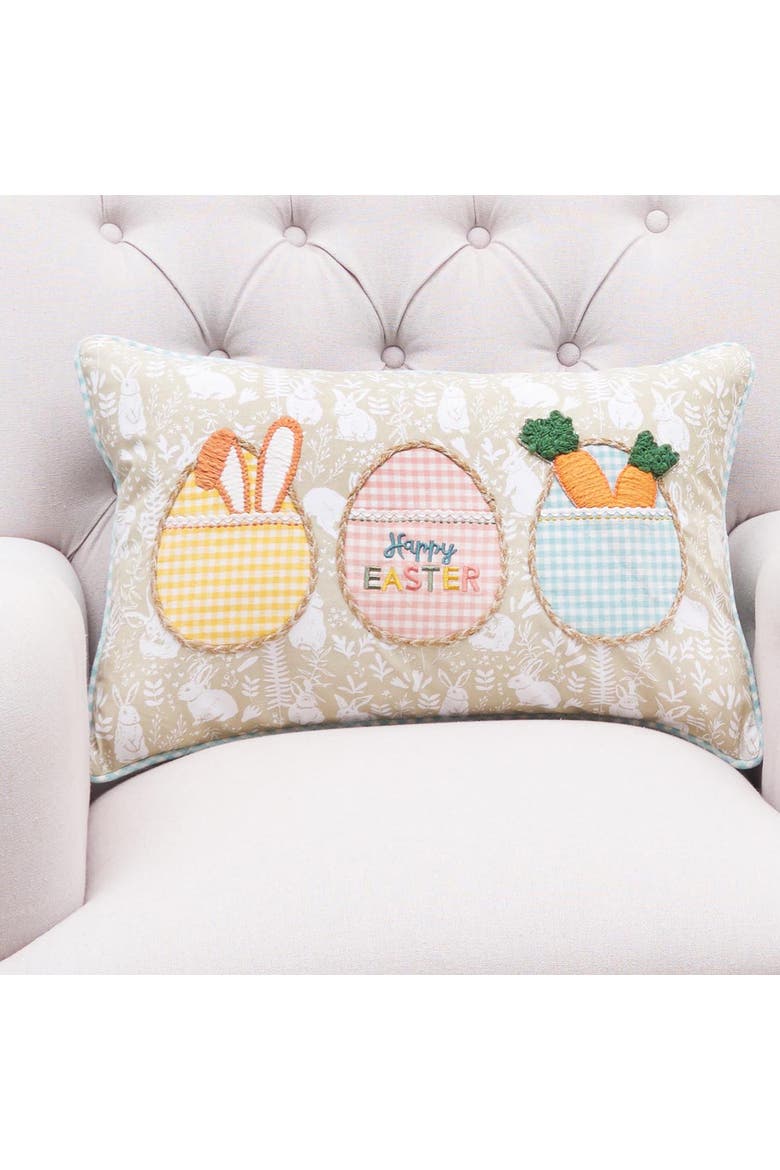 Plaid Egg Trio "Happy Easter" Cotton Blend Mini Accent Pillow 14" x 22", Alternate, color, Beige
