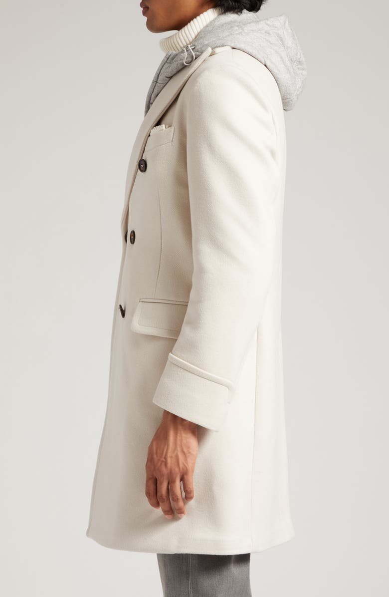 Eleventy Double Breasted Wool & Cashmere Topcoat with Removable Hooded Bib, Alternate, color, 