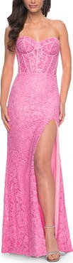 La Femme Stretch Lace Dress with Bustier Bodice and Illusion Back