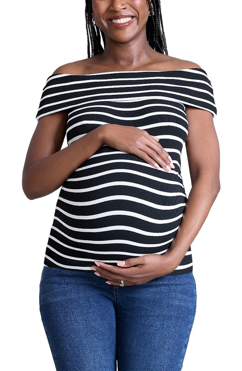 MOTHERHOOD MATERNITY Rib Knit Short Sleeve Off The Shoulder Top, Main, color, Black & White Stripe