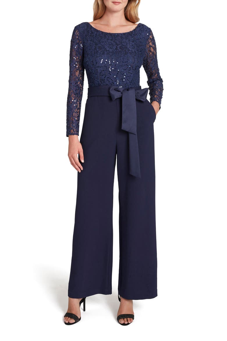 Stretch Lace & Crepe Long Sleeve Jumpsuit, Main, color, MIDNIGHT NAVY