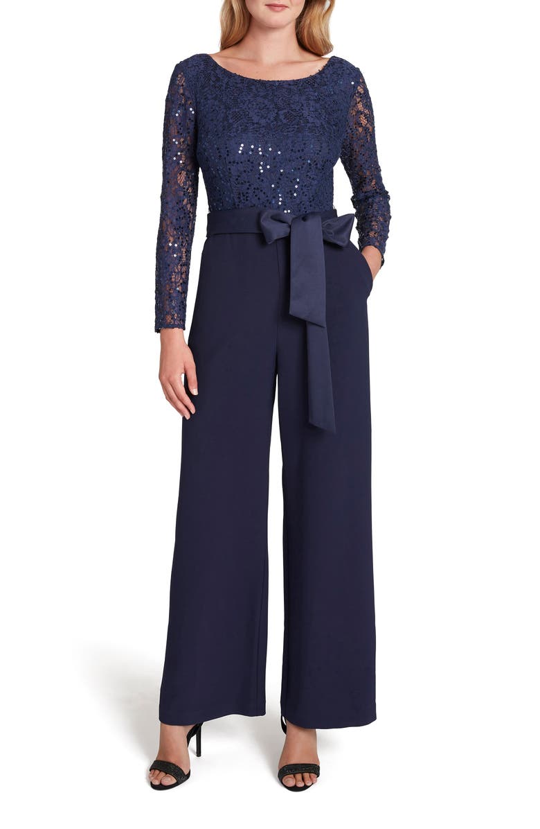 Tahari Stretch Lace & Crepe Long Sleeve Jumpsuit, Main, color, 