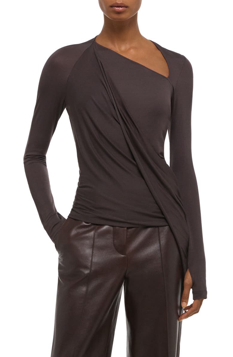 Helmut Lang Asymmetric Faux Wrap Long Sleeve Shirt, Alternate, color, Dark Roast