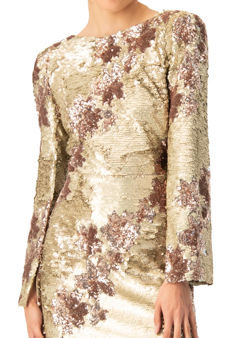 Floral Sequin Gown with Open Back, Alternate, color, Gold
