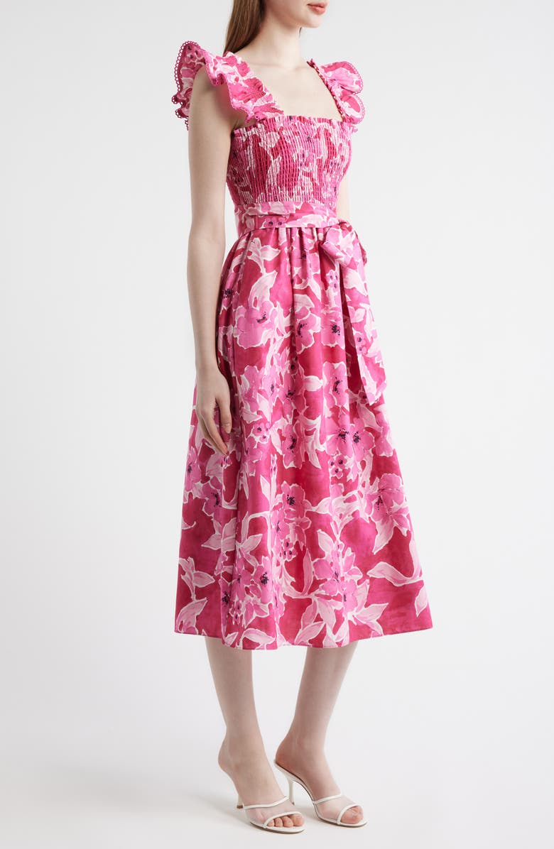 Anne Klein Smocked Ruffle Midi Dress, Alternate, color, Vibrant Pink Multi