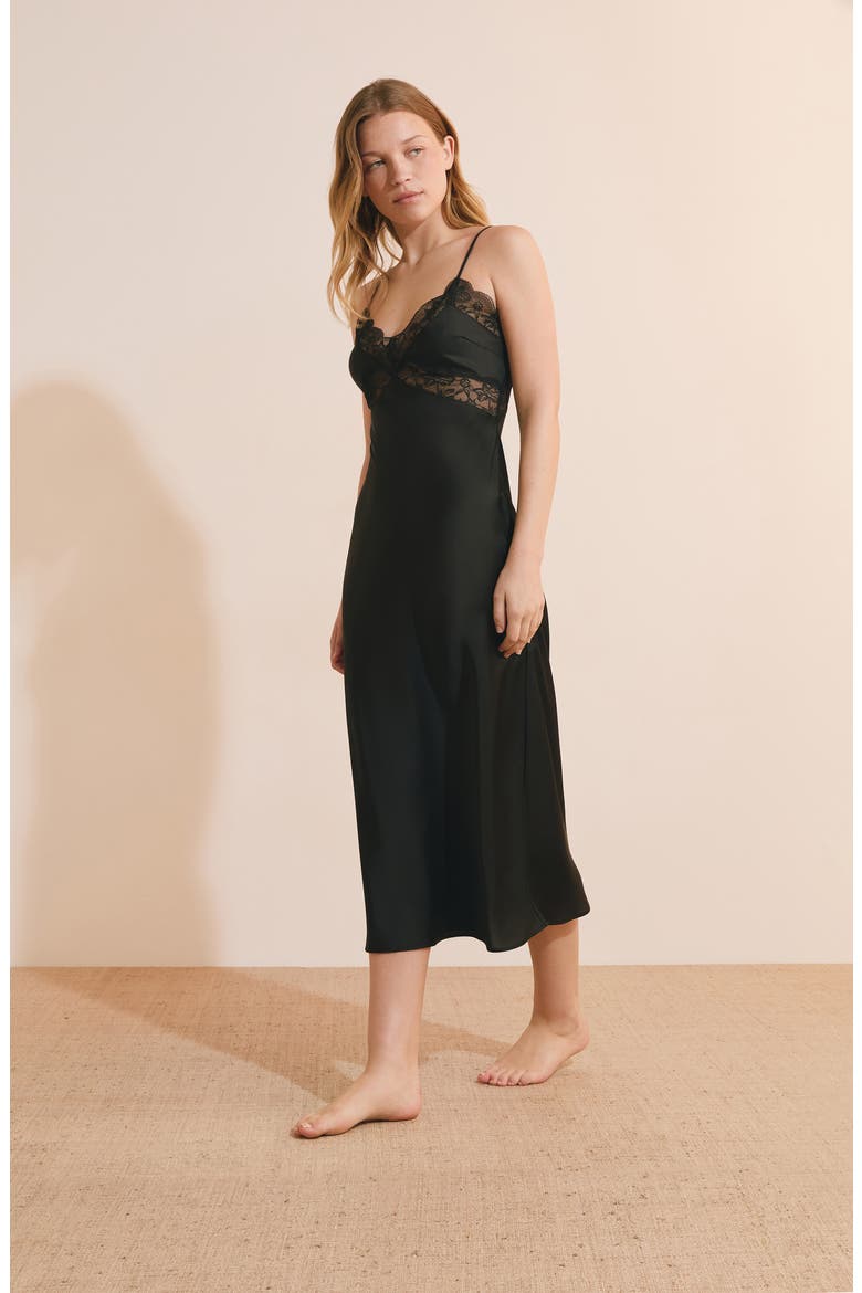 Desire Lace Accent Satin Long Nightgown, Alternate, color, BLACK