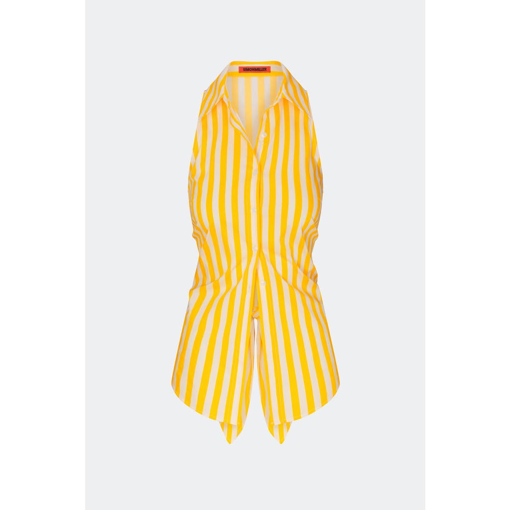 SIMONMILLER Loch Sleeveless Poplin Tie Back Button Up Shirt in Sungold/ecru Stripe at Nordstrom, Size X-Large