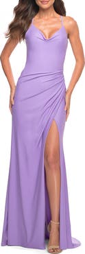 La Femme Long Pastel Dress with Flattering Ruching and Slit