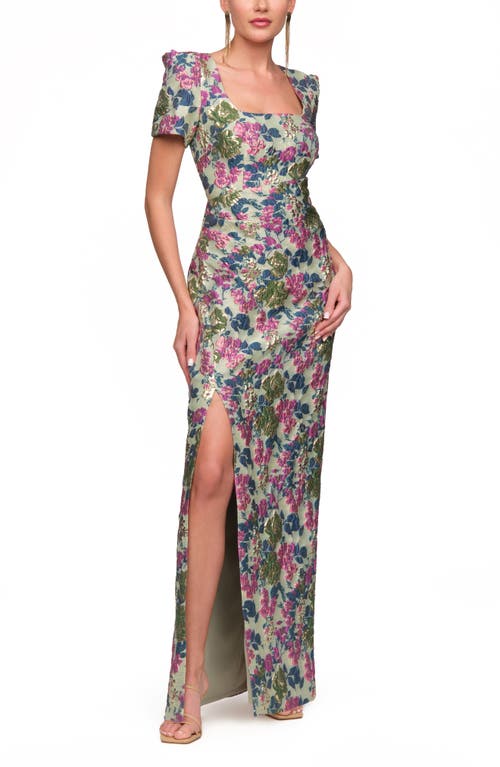 Js Collections Sandy Puff Sleeve Column Gown In Multi