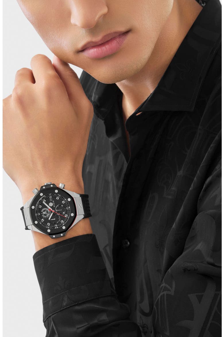 Plein Chrono Royal Chronograph Silicone Strap Watch, Alternate, color, BLACK