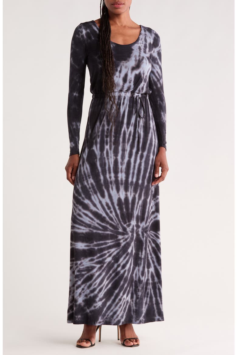 Long Sleeve Tie Waist Maxi Dress, Main, color, GREY HUNTER TIE DYE