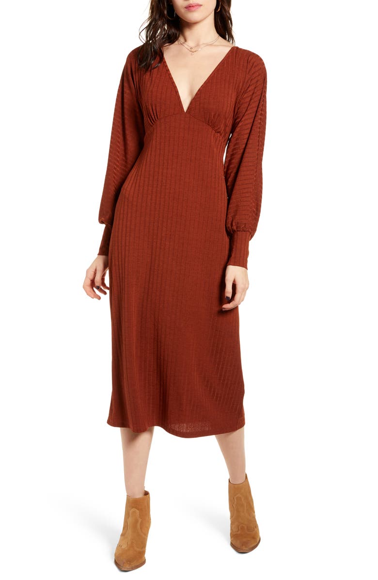 Band of Gypsies Tarte Long Sleeve Plunge Neck Midi Dress, Main, color, 