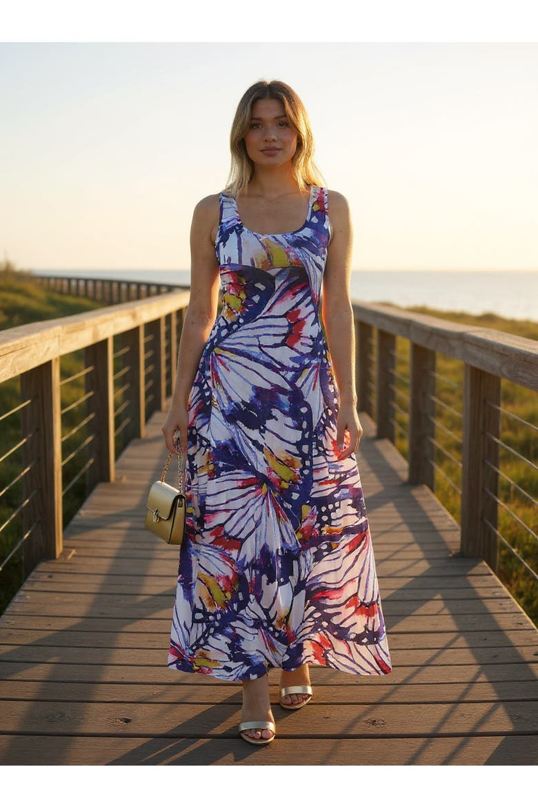 Womens Butterfly Scoop Neck Sleeveless A-Line Maxi Dress, Alternate, color, White Multi