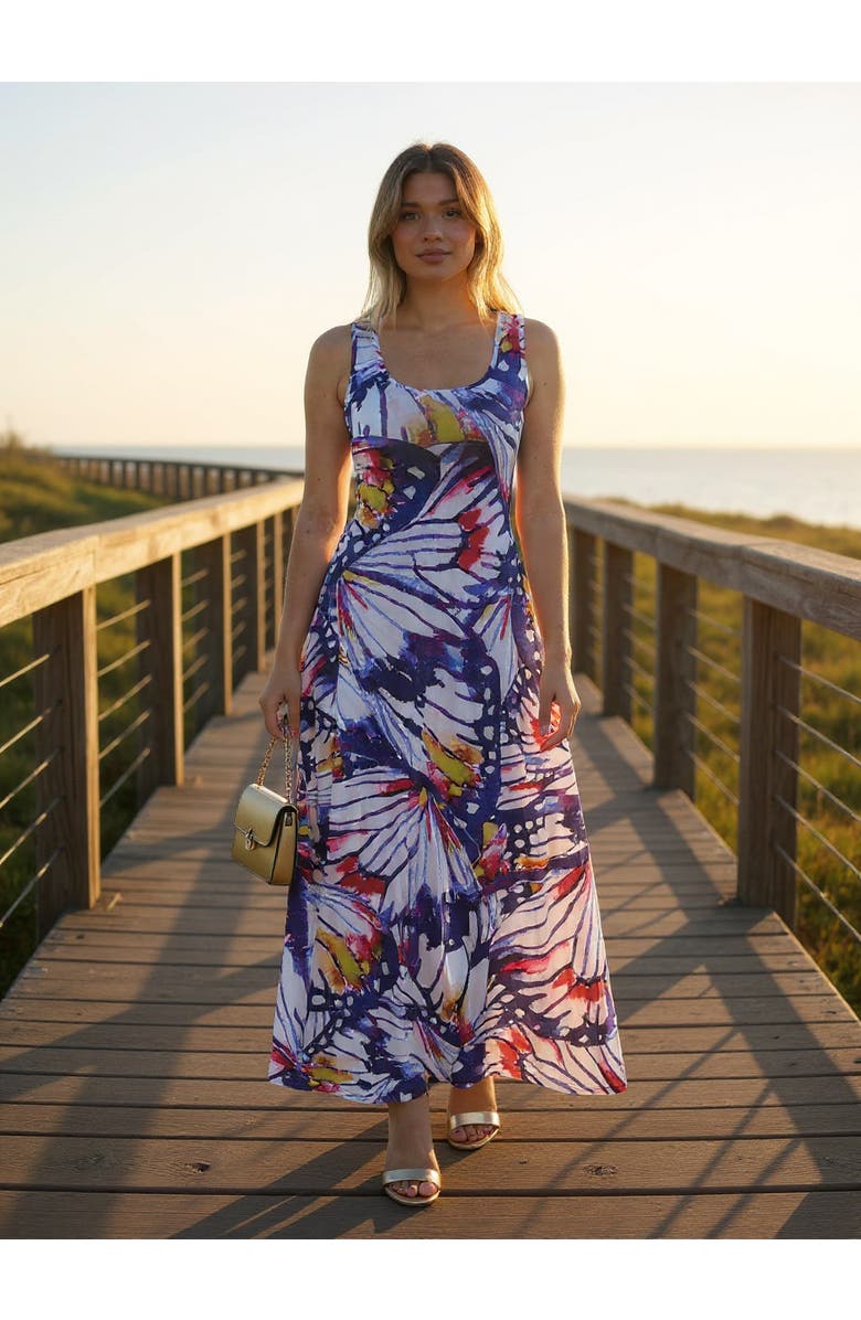 24seven Comfort Apparel Womens Butterfly Scoop Neck Sleeveless A-Line Maxi Dress, Alternate, color, White Multi