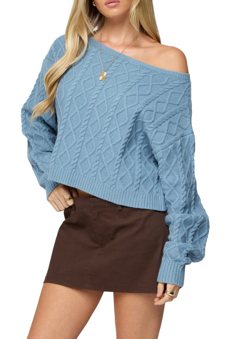 Cable Off the Shoulder Sweater, Alternate, color, BLUE