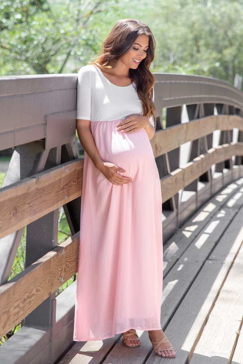 Petite Chiffon Colorblock Maternity Maxi Dress, Alternate, color, Light Pink