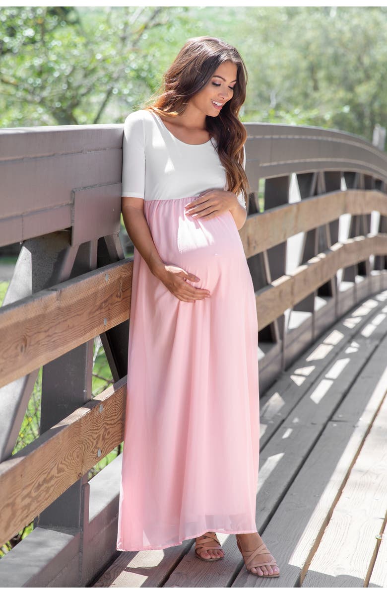 PinkBlush Petite Chiffon Colorblock Maternity Maxi Dress, Alternate, color,