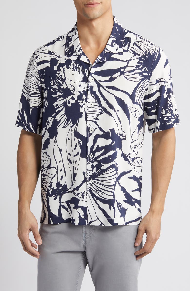Bugatchi Julian Shaped Fit EcoVero<sup>™</sup> Abstract Floral Print Camp Shirt, Main, color, Navy
