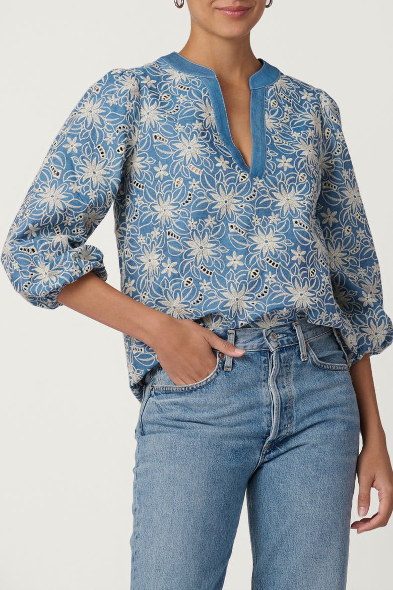 Embroidered Lizzie Top, Main, color, Chambray/Ivory