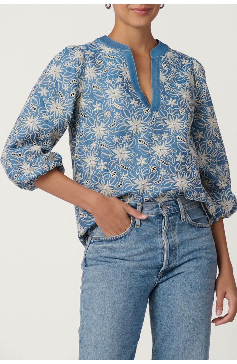 Shoshanna Embroidered Lizzie Top, Main, color, Chambray/Ivory