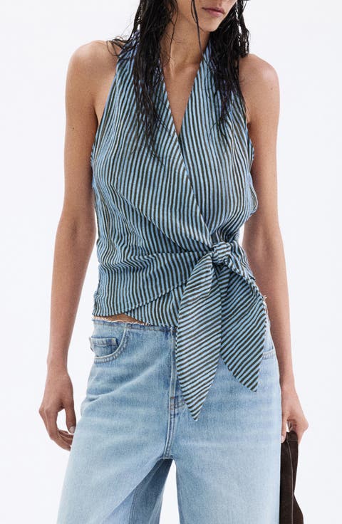 Striped Halter Top with Fixed Knot