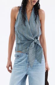 MANGO Striped Halter Top with Fixed Knot
