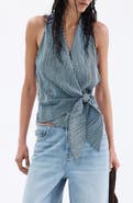 MANGO Striped Halter Top with Fixed Knot