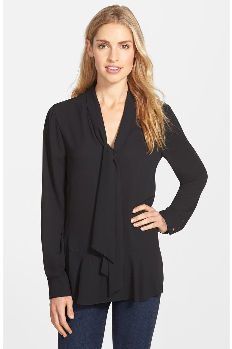 Ruffle Hem Tie Neck Blouse, Main, color, RICH BLACK