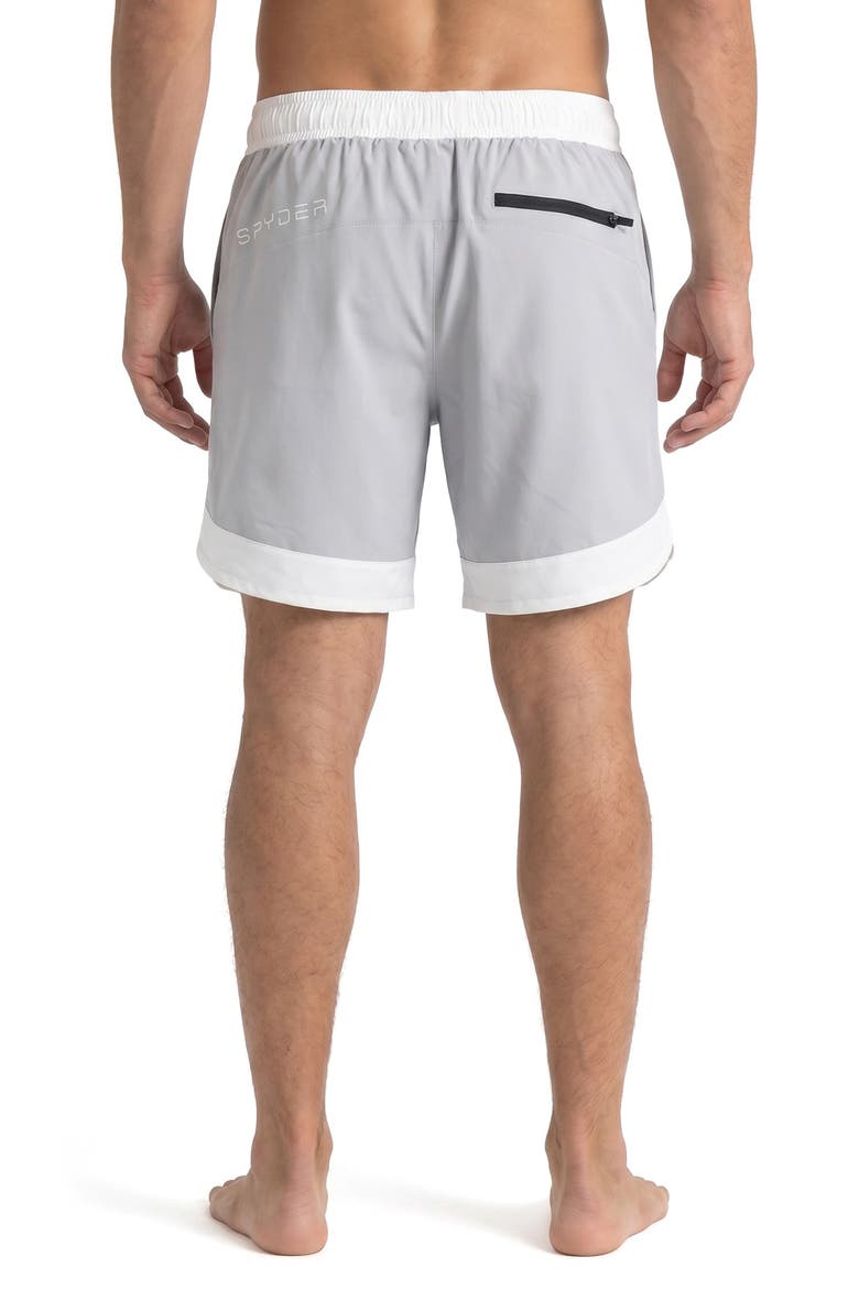 Colorblocked Scallop Volley Swim Shorts, Alternate, color, ALLOY