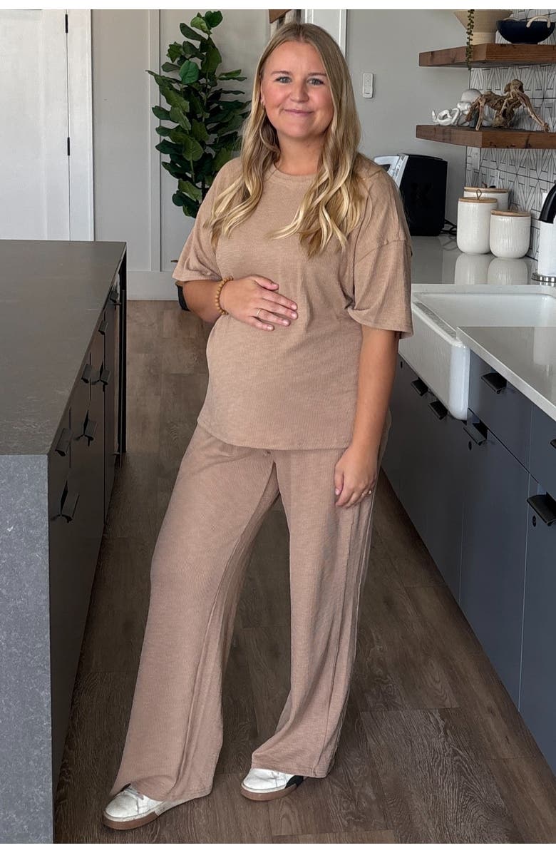 PinkBlush Textured Knit Oversized Tee And Pants Set, Alternate, color, Taupe