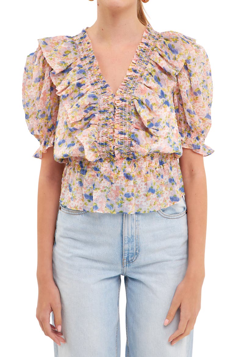 Smocked Ruffle Floral Blouse, Main, color, PINK MULTI