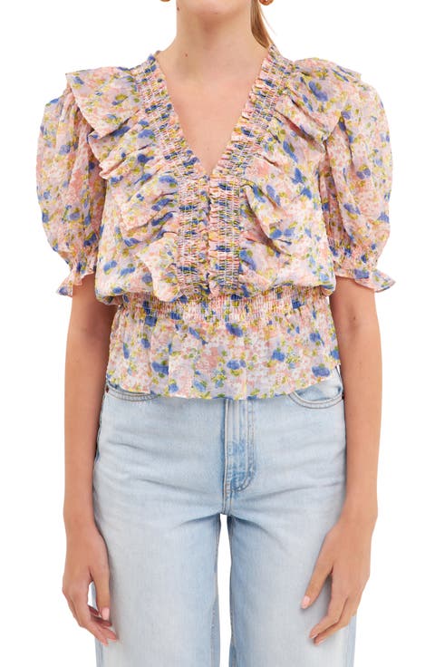 Smocked Ruffle Floral Blouse