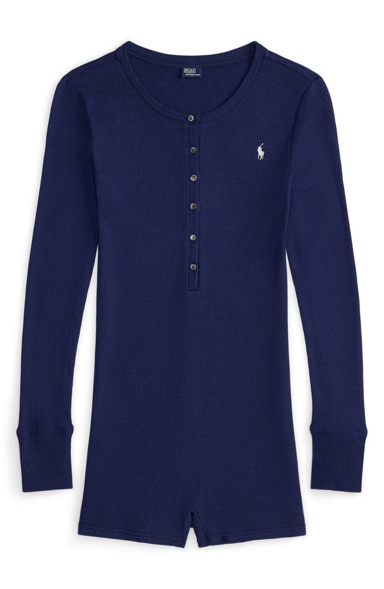 Polo Ralph Lauren Organic Cotton Blend Waffle Pajama Romper, Alternate, color, Navy