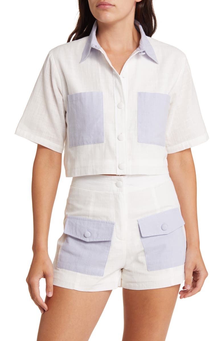 YELLOW THE LABEL Petra Colorblock Crop Linen Shirt, Main, color,