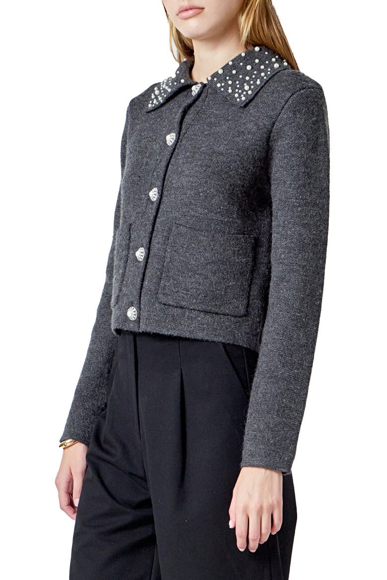 Embellished Collar Cardigan, Alternate, color, DARK GREY