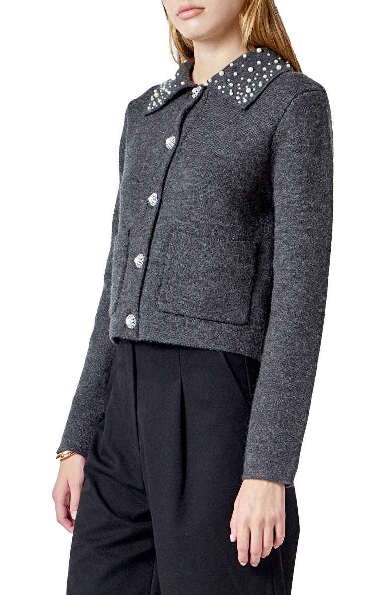 Endless Rose Embellished Collar Cardigan, Alternate, color, Dark Grey