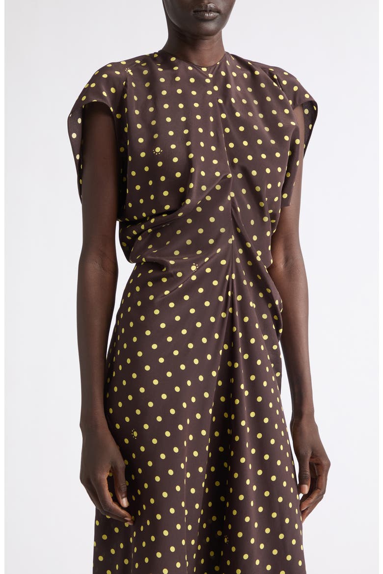 Polka Dot Silk Crêpe de Chine Dress, Alternate, color, PRM53 SADELLE BROWN