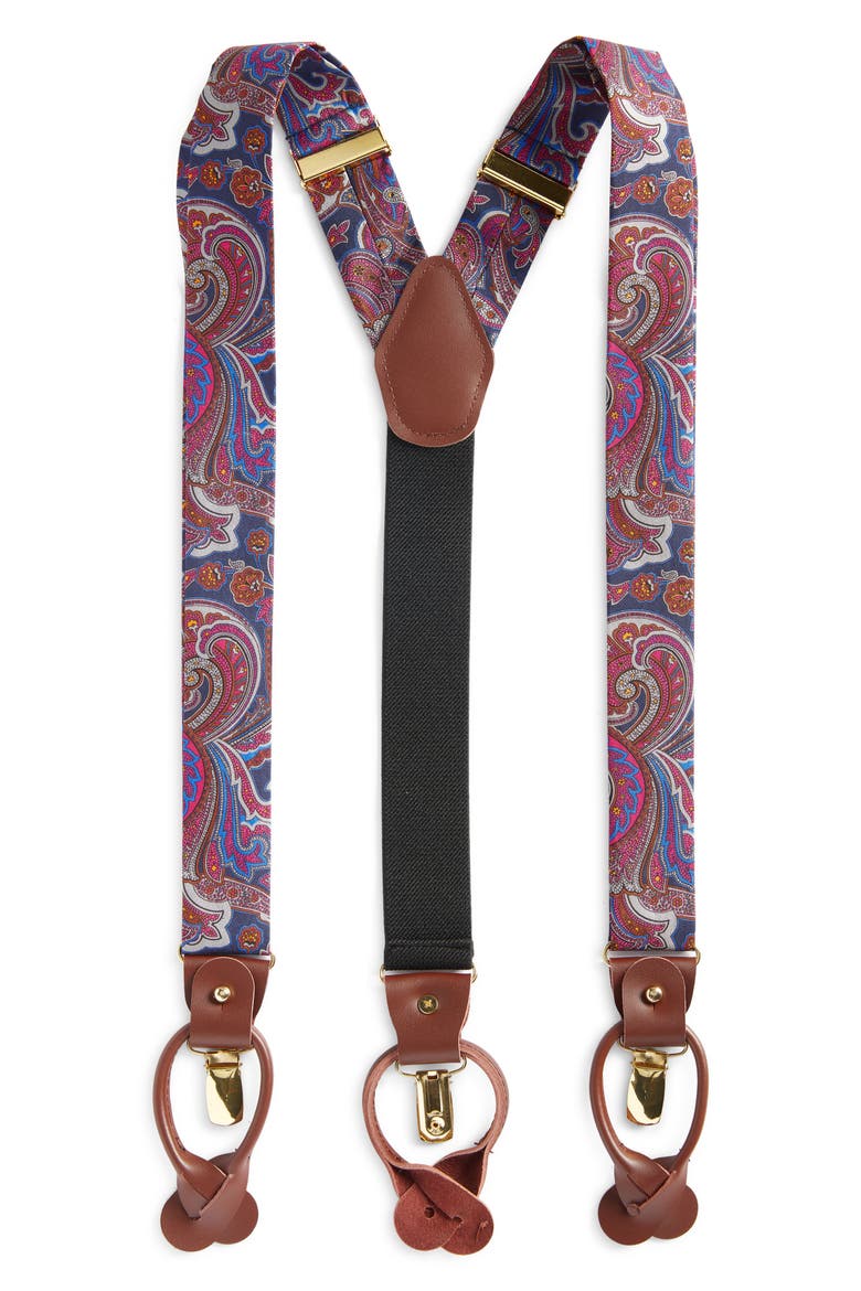 Grey & Fuchsia Paisley Silk Suspenders, Main, color, GREY