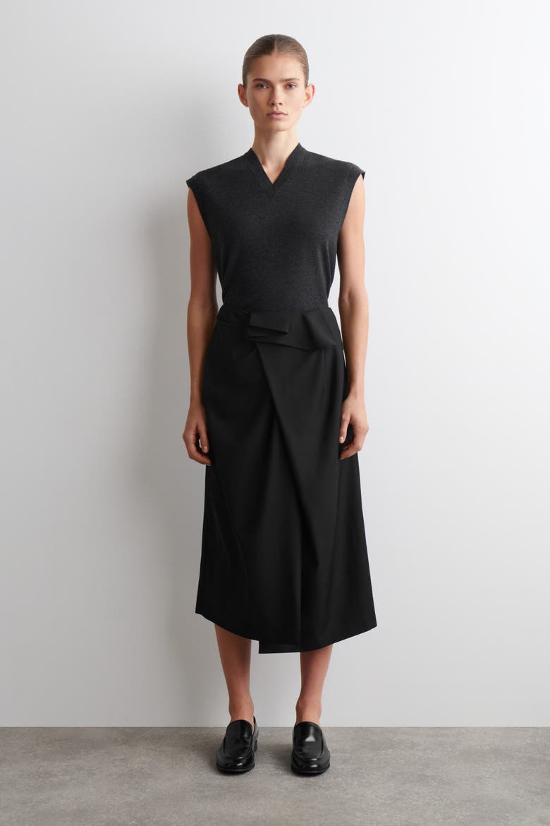 Draped Wool Wrap-Effect Midi Skirt, Main, color, BLACK