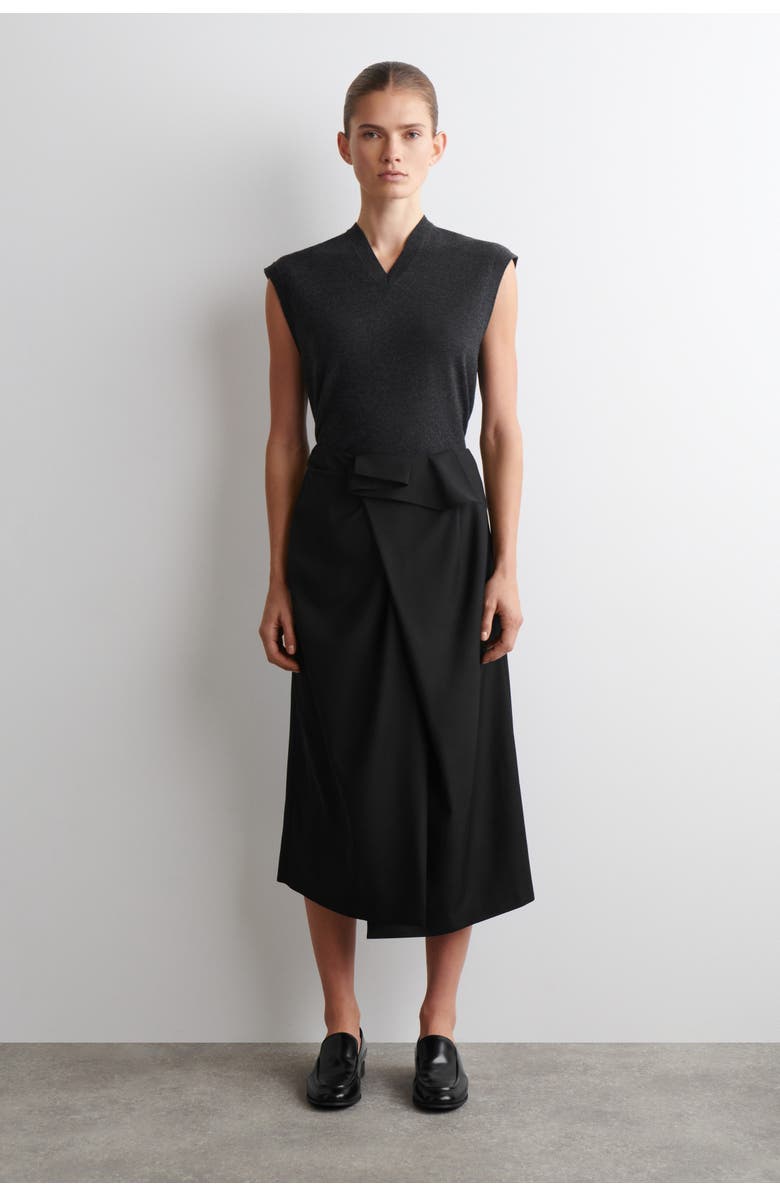 COS Draped Wool Wrap-Effect Midi Skirt, Main, color, Black