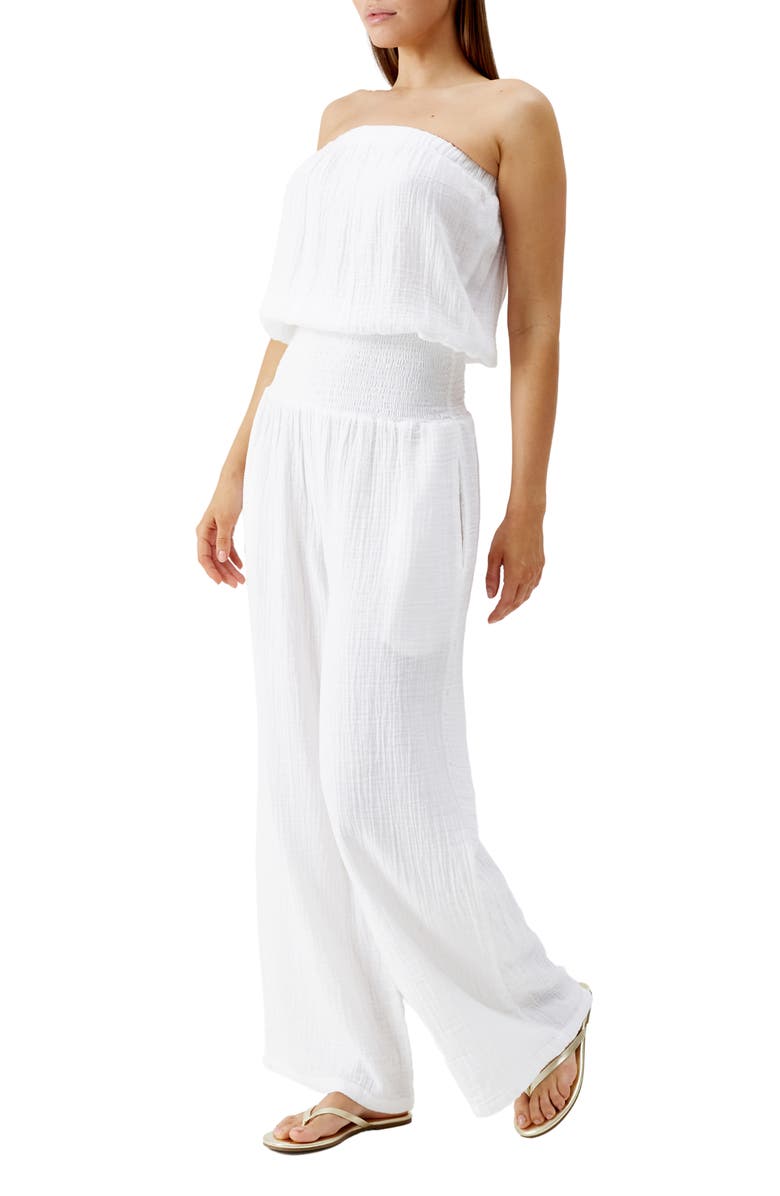 Melissa Odabash Naomi Strapless Cotton Gauze Cover-Up Jumpsuit, Main, color, 